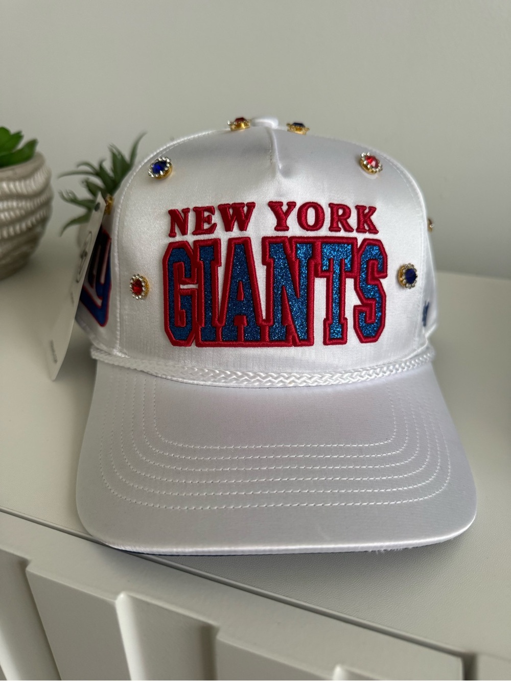 New York Giants White Embellished Satin Baseball Cap
